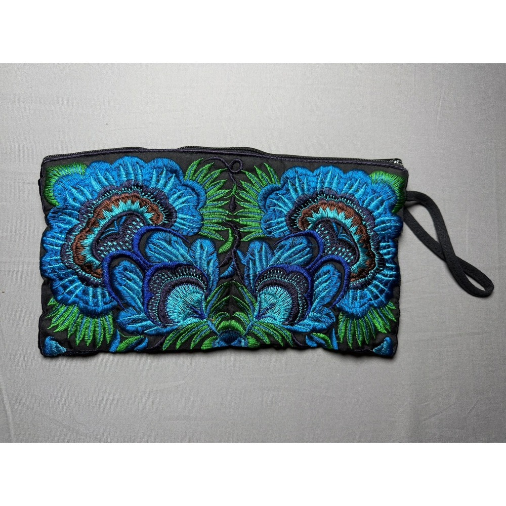 Sam Well Floral Embroidered Wristlet Clutch Bag Blue Green Black Handcrafted